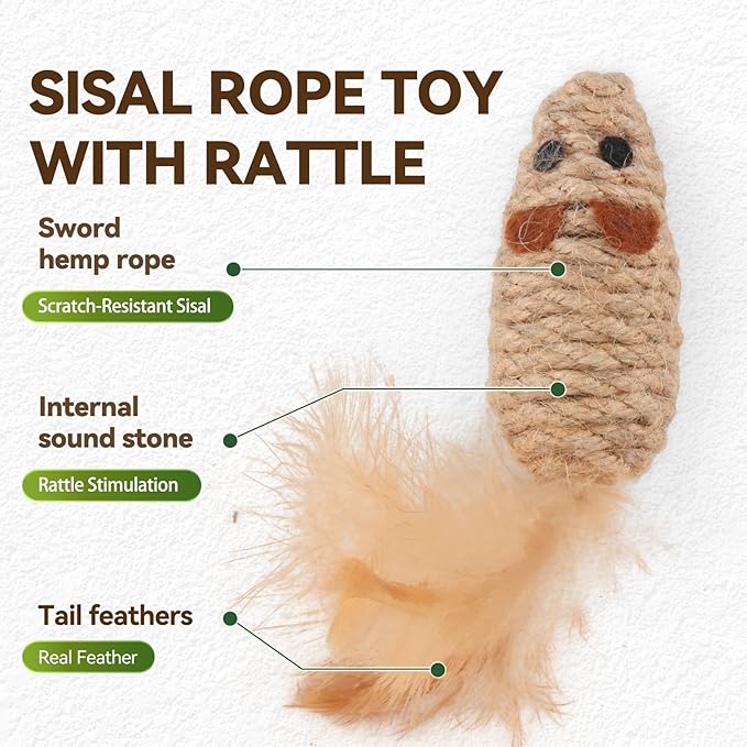 6 Pcs Cat Toy Set - Sisal Rope Mouse Toys with Feather & Rattle + Silvervine Chew Stick, Interactive Hunting & Dental Care Mice Toys for Indoor Kittens & Adult Cats