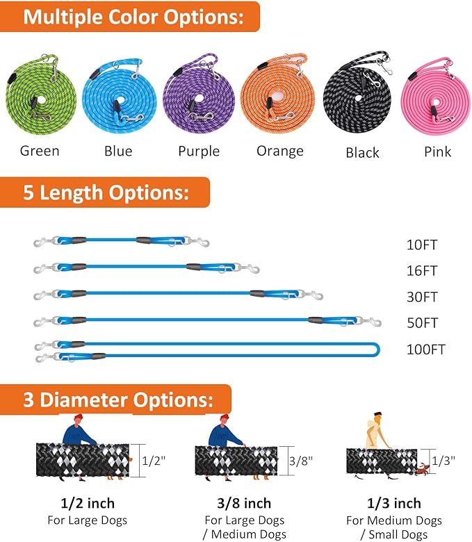 100FT Extra Long Dog Leash for Dog Training, Heavy Duty Dog Lead for Large Medium Small Dogs Outside Walking, Playing, Camping, or Yard, Pink