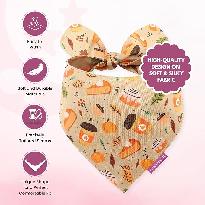 LunaMarie - Luxury Dog Bandanas - Pumpkin Spice Fall Design | Premium & Silky Poly Fabric | 100% Handmade Quality | Custom Shape Dual Layered Reversible Small, Medium, Large Pet (Fall Sweets, Small)