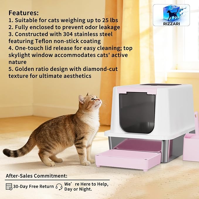 RIZZARI Enclosed Cat Litter Box: Large Top & Front Entry with Odor Control - Stainless Steel with Teflon Non-Stick Coating - High-Sided Pink Litter Pan for Multi-Cat Homes - for Apartments Hallways