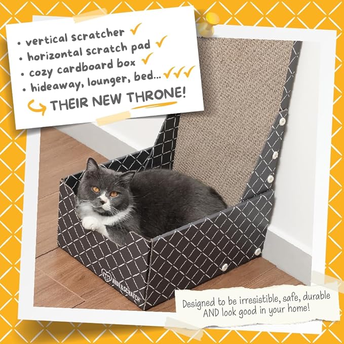 Hide & Scratch Cardboard Cat Scratcher Box & Bed - Dark Grey Diamond (Vertical L-Shaped) | Double-Sided Corrugated Pad for Indoor Cats | Refillable Scratching Board Toy for Play & Furniture Protection