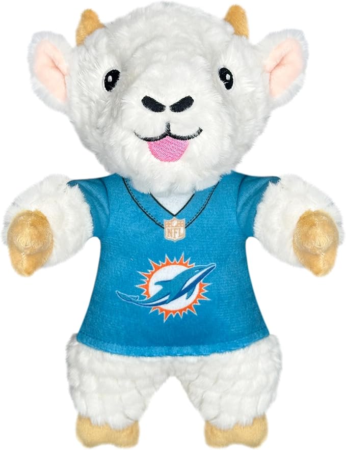 Pets First NFL Miami Dolphins Goat Plush Toy for Dogs and Cats with Squeaker, Wearing a Team Jersey! Fun & Sporty Goat Shaped Dog Chew Toy, Interactive Pet Toy