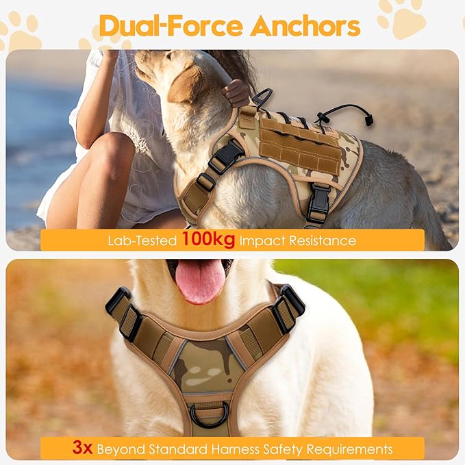 Heavy-Duty Tactical Dog Harness for Large Dogs, No Pull Adjustable Reflective Pet Vest with Molle System, K9 Military-Grade Control for Service Training, Outdoor & 10+ Breeds, Desert Camo, Large