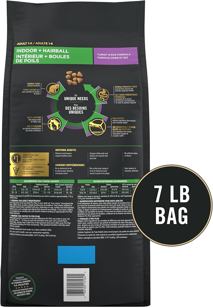 Purina Pro Plan Hairball Management, Indoor Cat Food, Turkey and Rice Formula - 7 lb. Bag