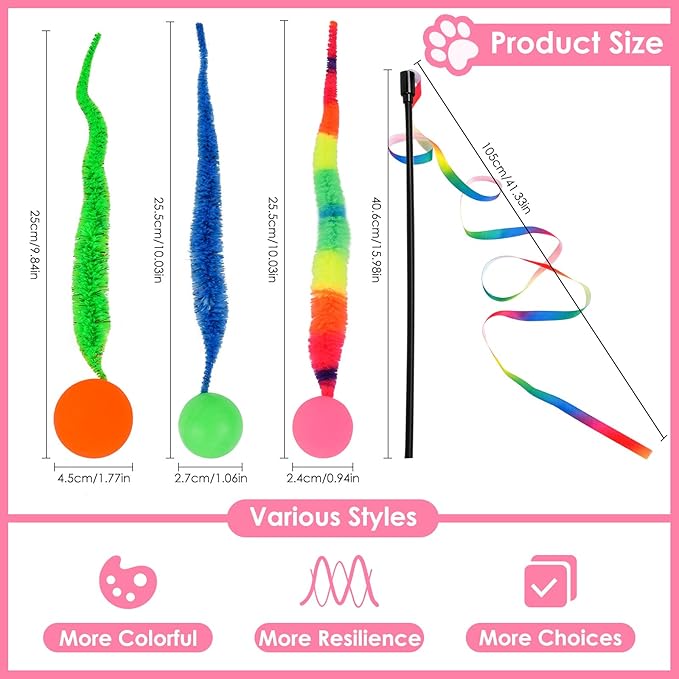 SHENGSEN Feather Wand Cat Toy,Bouncy Ball with Tail Cat Toys,Magic Worm with Large Colorful Ball Toy for Cats,Cat Feather Toys for Indoor Cats,Colorful Fuzzy Worm Bouncy Balls Cat Toy (ADM102-B-3A)
