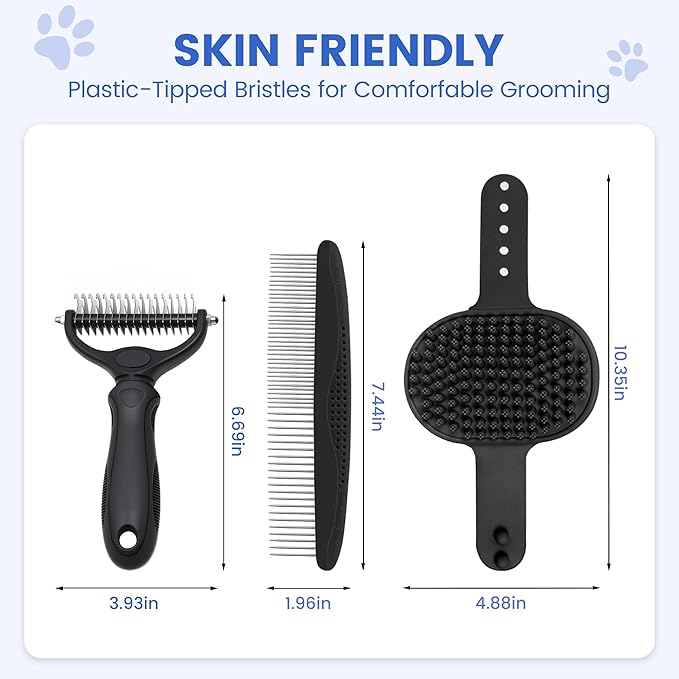 Double-Sided Pet Grooming Rake - 4-in-1 Professional Pet Grooming Kit, Deshedding Dematting Tool for Dogs, Cats, Extra-Wide Grooming Brush & Deshedder Comb for Long and Short Haired Pets(4PCS Black)