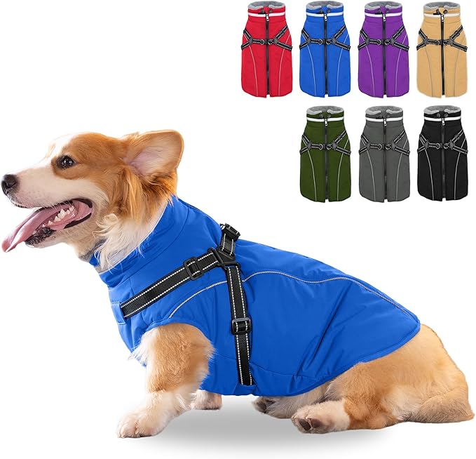 Fragralley Dog Coat with Harness Built in, Waterproof Windproof Reflective Warm Puffer Jacket, Fleece Lined Vest Winter Parka for Small, Medium, Large Dogs