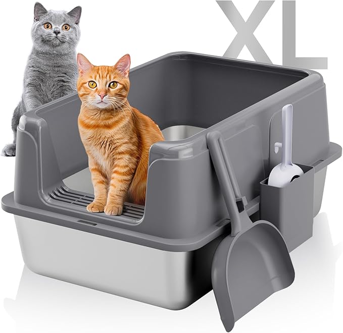 High Sides Odor Free No Sticky Extra Large Steel Cat Litter Box with Scoop, Tall Wall No Smell 24"X16"X13" Stainless Metal Kitty Litterbox, Grey