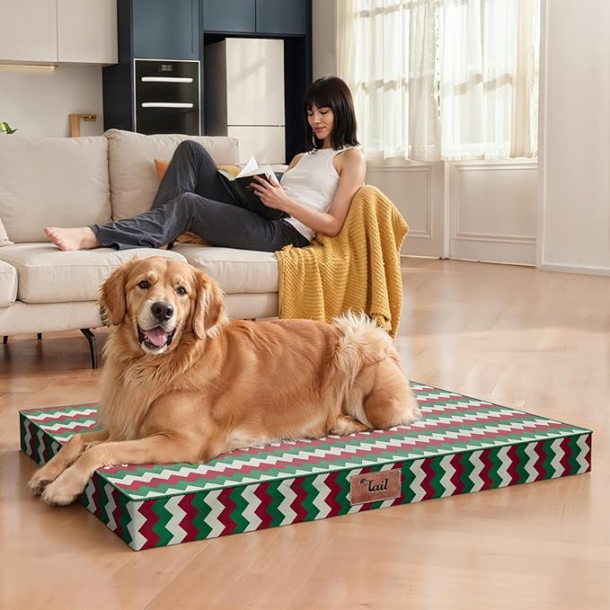 Outdoor Extra Large Dog Bed, Christmas Waterproof Dog Bed for Large Dogs, Egg Crate Foam XL Pet Bed with Removable Washable Oxford Cooling Cover, Stripe