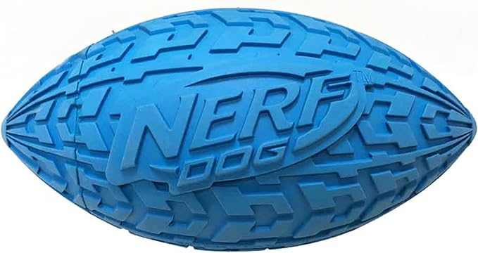 Nerf Dog Tire Squeak Football Outdoor Dog Toy, 6 Inch Dog Football Squeaking Toy for Medium and Large Breeds, Blue