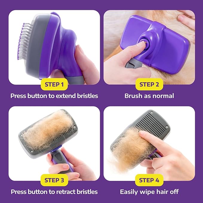 Hertzko Self-Cleaning Slicker Brush - Cat and Dog Brush for Shedding, Tangles and Dirt - Gentle Grooming Tool for Sensitive Skin - Pet Hair Remover for Long and Short Coats - Purple