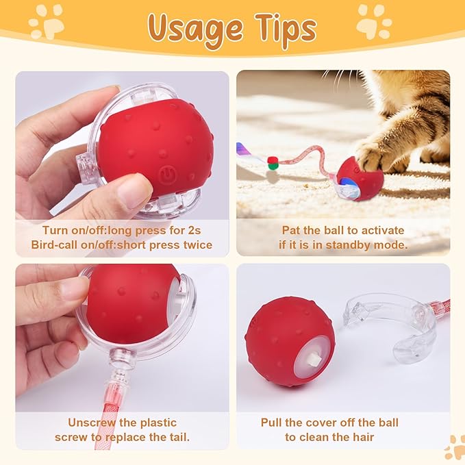 Interactive Cat Ball Toy, Chirping Motion Activated Electric Rechargeable Cat Toy with 2 Replaceable Tails, Self Play Hunting Rolling Indoor Cat Toys for Bored Adult Cats & Kittens - Boredom Busters