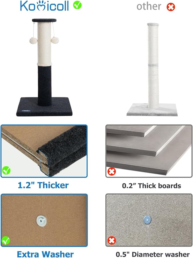 34-Inch Tall Cat Scratching Post for Indoor Cats, Large Carpet Scratch Post, Sisal Cat Scratcher, Sturdy and Durable Cat Post with Hanging Ball Black