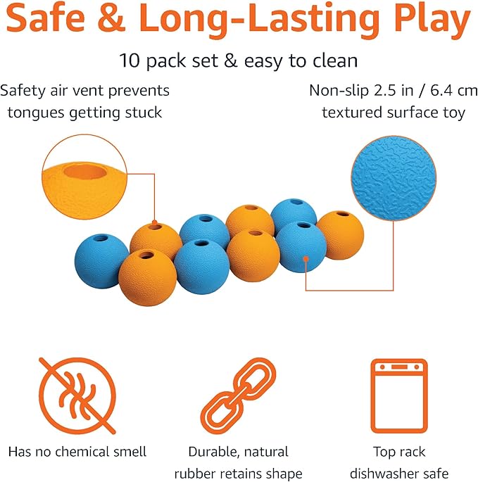 Amazon Basics Dog Toys, Interactive Fetch Rubber Balls, (Pack of 10), 2.5 inch, Multi-Color Blue/Orange