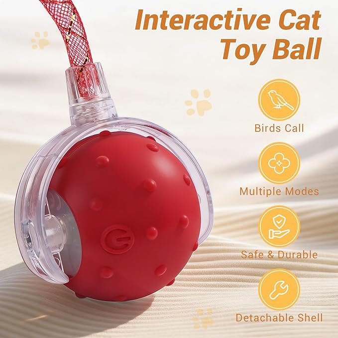 Interactive Cat Ball Toy, Chirping Motion Activated Electric Rechargeable Cat Toy with 2 Replaceable Tails, Self Play Hunting Rolling Indoor Cat Toys for Bored Adult Cats & Kittens - Boredom Busters