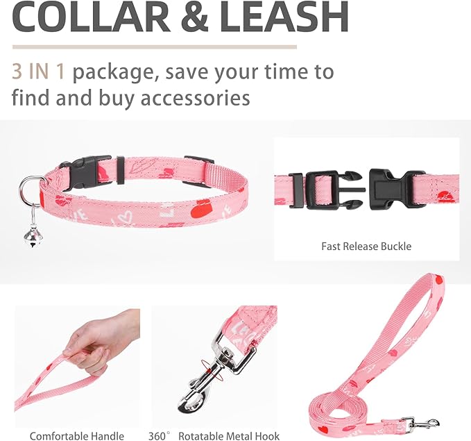 PUPTECK Adjustable Dog Harness Collar and Leash Set Step in No Pull Pet Harness for Small Medium Dogs Puppy and Cats Outdoor Walking Running, Soft Mesh Padded Reflective Vest Valentine Harnesses