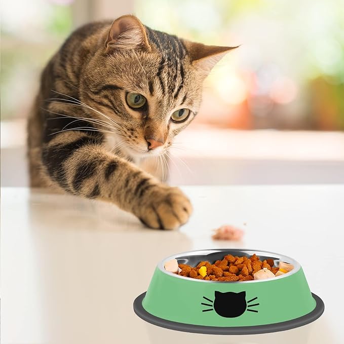 2 Pcs Non-Slip Stainless Steel Small Cat Food Bowls - Unbreakable, Thicken 7 Oz Cat Dishes - Indoor, Removable Rubber Base, Easily Clean, Lovely Color