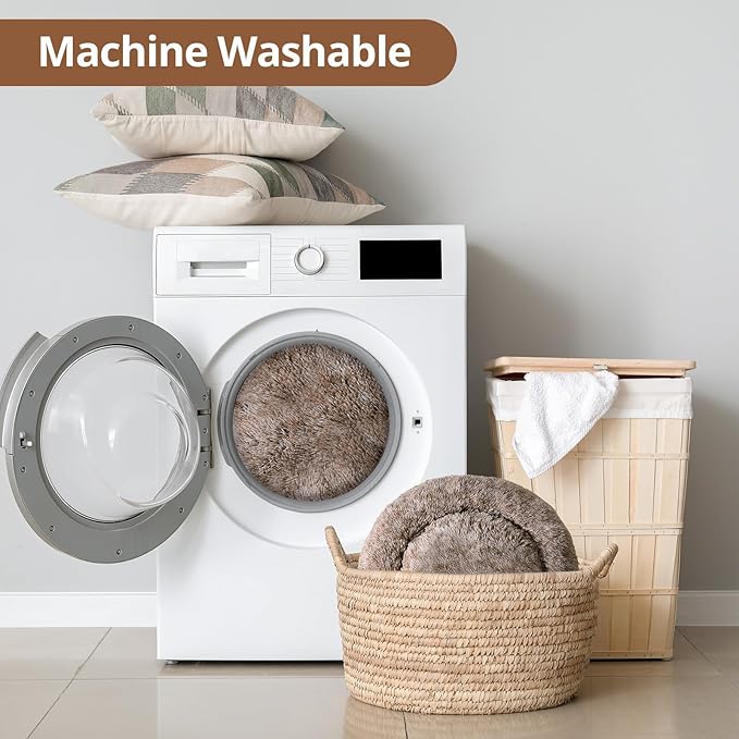 JOLLYVOGUE Calming Dog Bed Medium Size Dog, Anti-Anxiety Donut Medium Pet Bed, 27 inches Fluffy Faux Fur Round Cat Bed (Smoke Brown)