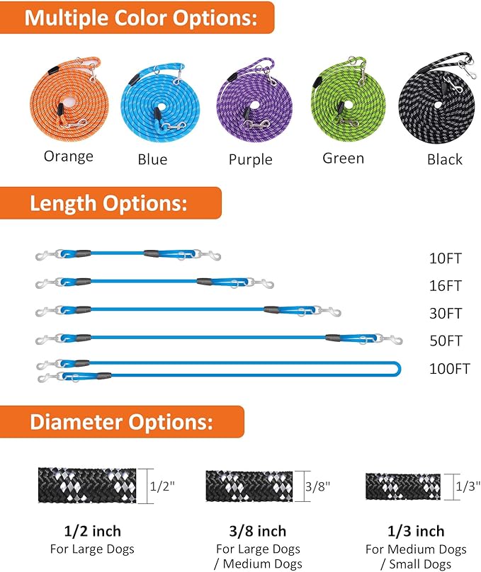 100FT Extra Long Dog Leash for Dog Training, Reflective Threads Check Cord Dog Leash, Heavy Duty Dog Lead for Large Medium Small Dogs Outside Walking, Playing, Camping, or Yard