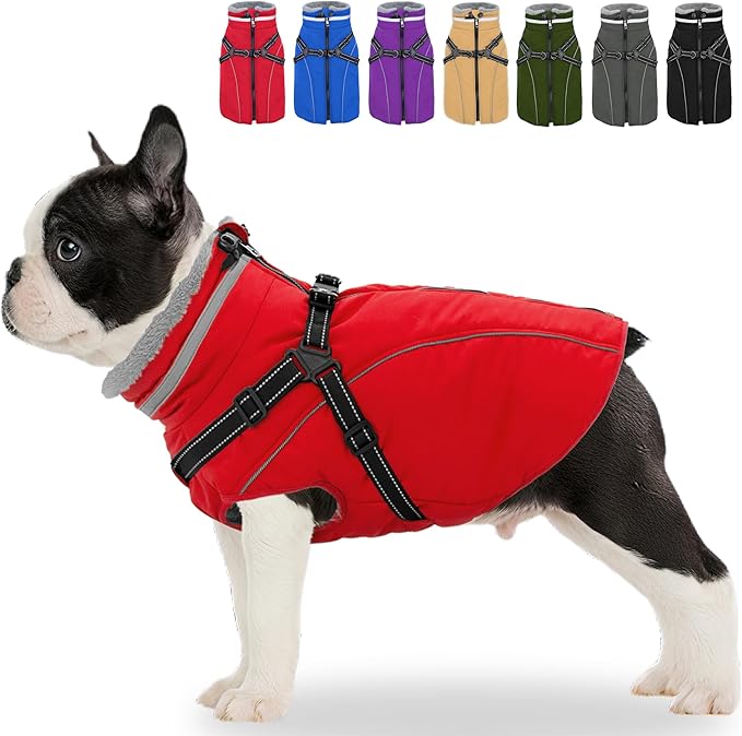 Fragralley Dog Coat with Harness Built in, Waterproof Windproof Reflective Warm Puffer Jacket, Fleece Lined Vest Winter Parka for Small, Medium, Large Dogs