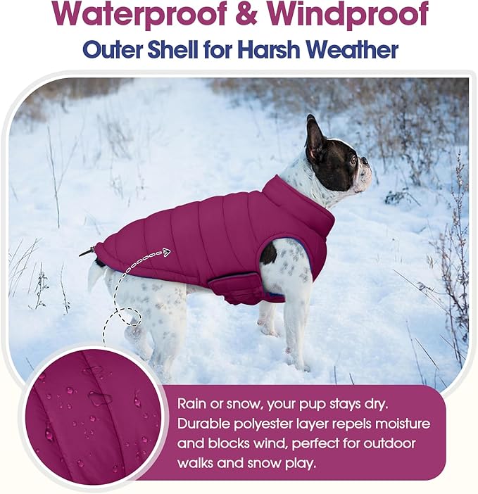 QBLEEV Reversible Dog Coat for Medium Dogs, Waterproof Windproof Winter Jacket Keeps Dogs Warm in Snow, Adjustable Hook & Loop Lightweight Dog Puffer Vest, Purple, L – Fits French Bulldog