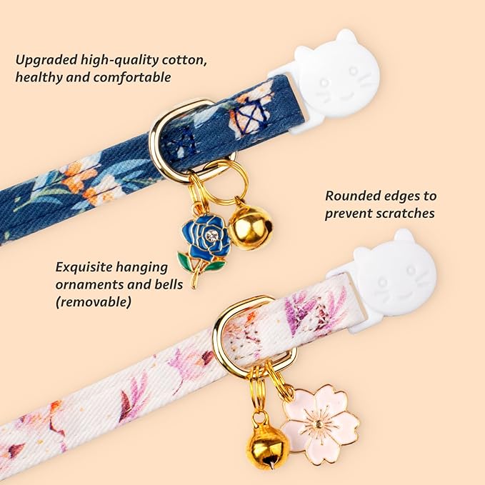 2 Pack Cotton Breakaway Cat Collar White and Blue Flowers Pendant Cute Kitten Cat Collar with Bell