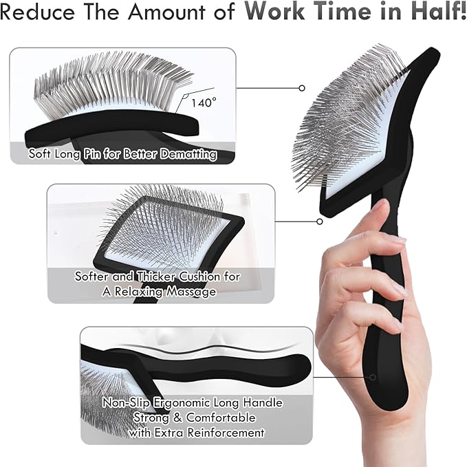 Large Dog Slicker Brush for Shedding & Curly Coat, Long Hair Dogs & Cats, Doodles, Poodles & Goldendoodles, Long Pin Grooming Brush with Wooden Handle, 3 Pcs Comb Set for Mats Tangles. Black