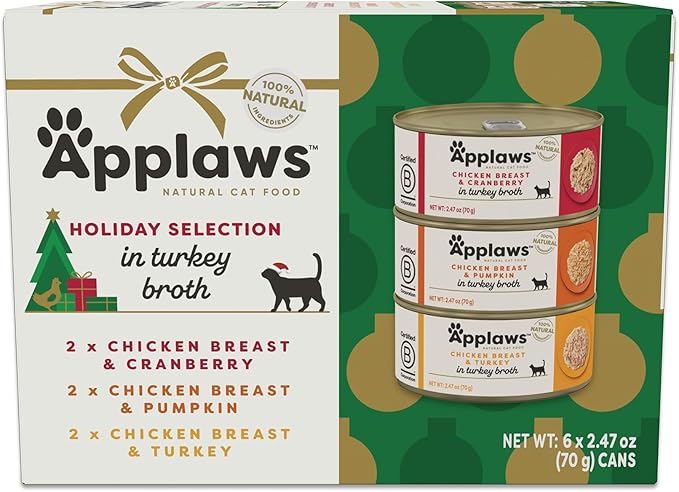 Applaws Natural Wet Canned Cat Food, Limited and Natural Ingredients, High Protein with No Artificial Additives, Holiday Edition Cat Food Variety Pack in Broth (6 x 2.47oz Cans)