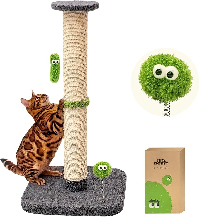 TINYBEAST 34.7" Tall Cat Scratching Post, 3 in 1 Sisal Cat Scratcher, Heavy Duty 4.3" Diameter Cat Tree with Hanging Bell Ball Toy and Reinforced Stable Base for Indoor Adult Cats & Kittens