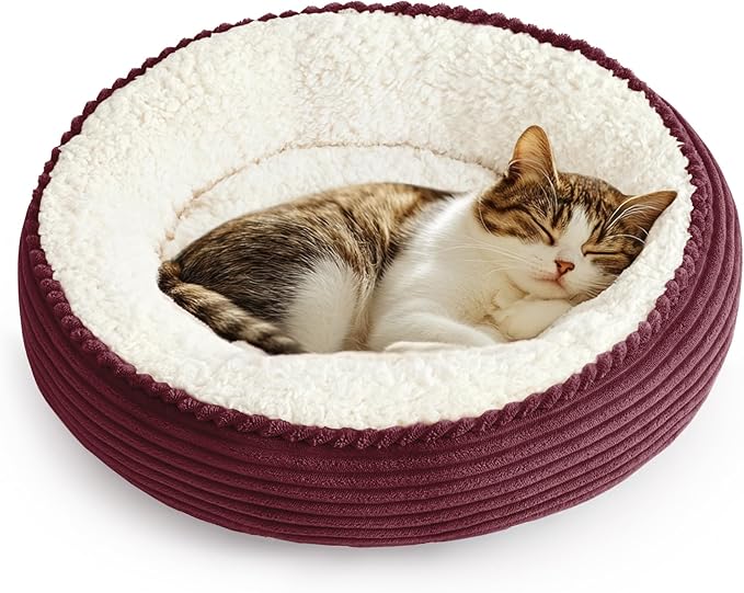 Love's cabin Round Donut Cat and Dog Cushion Bed, 20in Pet Bed for Cats or Small Dogs, Anti-Slip & Water-Resistant Bottom, Super Soft Durable Fabric Pet beds, Washable Luxury Bed Burgundy Stripe