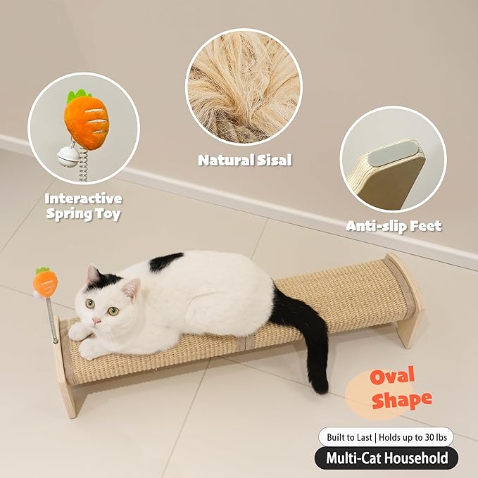 PETKARAY Horizontal Scratching Post, 30" Sisal Cat Scratch Pad, Large Floor Mounted Cat Scratcher with Spring Toy, Protect Furniture for Indoor Kitten