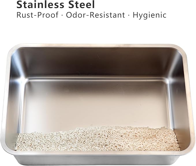 XXL Stainless Steel Cat Litter Box, Includes Catnip Fish Toy & Wand Feather Toy Refill, Extra-Large Metal Litter Pan for Big Cats & Multi-Cat Homes, Pet Toilet Supplies for Kitten