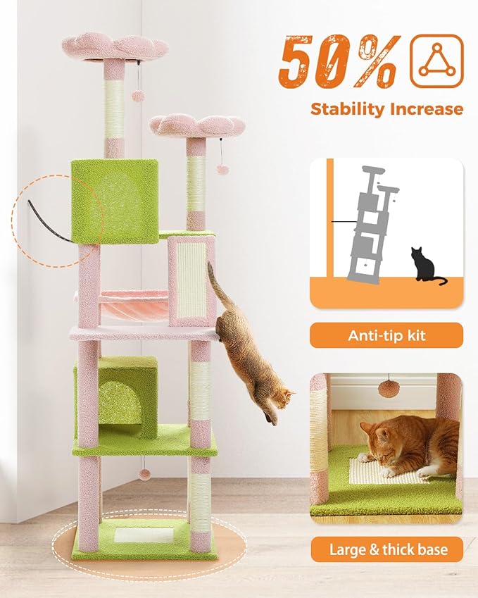 Flower Cat Tree, 70.9" Tall Tree for Indoor Cats, Large Tree for Large Cats, Multi-Level Tower with 6 Scratching Posts, 2 Condos, 2 Perches, Hammock, Pompoms, Pink