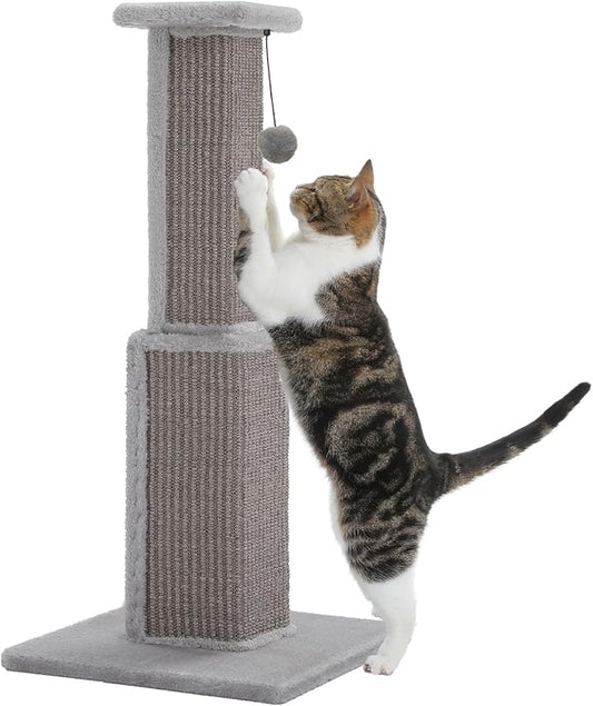 PAWZ Road Large Cat Scratching Post 32” Tall Scratching Post for Indoor Cats Adults Ultimate Scratch Post with Woven Sisal, Large Base and Removable Dangling Ball- Grey