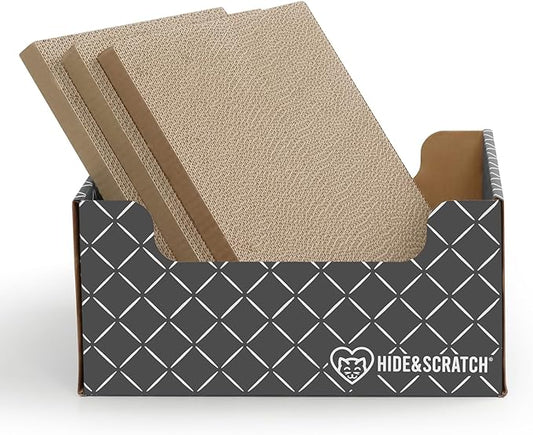 Hide & Scratch Cardboard Cat Scratcher Box & Bed - Dark Grey Diamond (+ 3 Refill Pads) | Double-Sided Corrugated Pad for Indoor Cats | Refillable Scratching Board Toy for Play & Furniture Protection