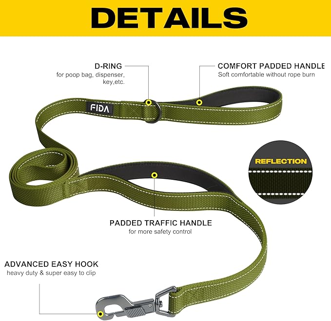 Fida 6 FT Heavy Duty Dog Leash with 2 Comfortable Padded Handles, Traffic Handle & Advanced Easy Snap Hook, Reflective Walking Lead for Large, Medium & Small Breed, Green