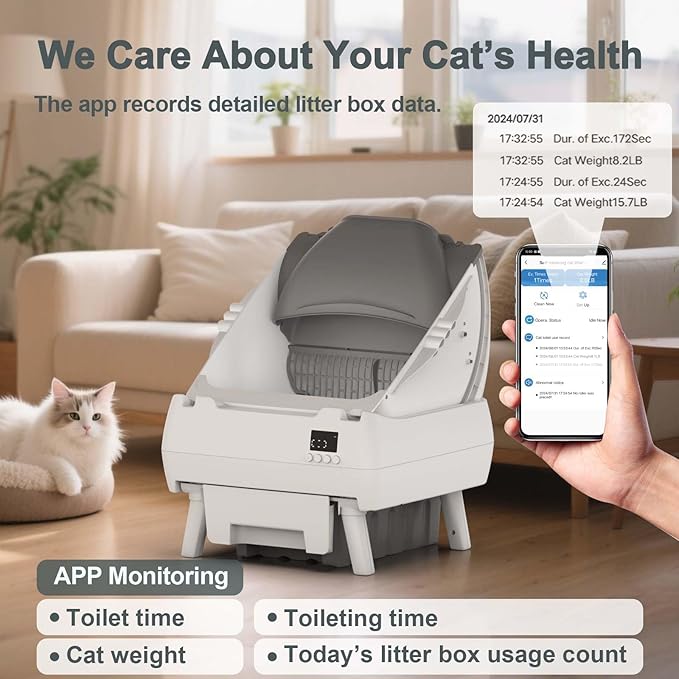 Automatic Cat Litter Box Self Cleaning - App Control, Open-Design, Smart Health Monitor, Suitable for Medium Cats and Kittens, Anti-Pinch Safety, Quiet Operation, A Trusted Companion for Life - White