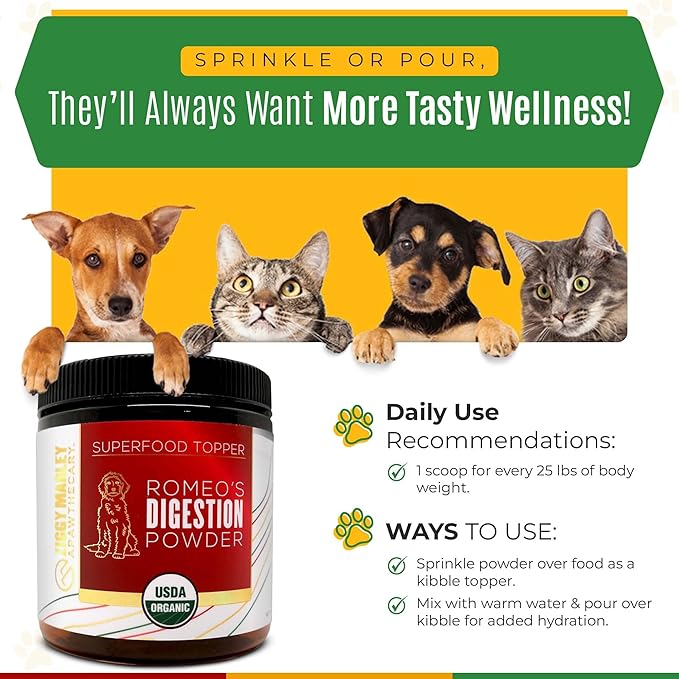 Ziggy Marley's USDA Organic Digestion Powder for Dogs & Cats - Bone Broth, Pumpkin, & 5 Gut Healthy Herbs - Pet Gut Health, 90 Grams