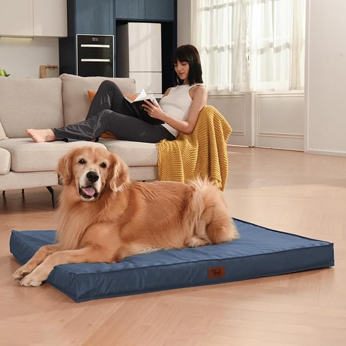 Outdoor Dog Bed for Medium Dogs, Waterproof Dog Crate Mat Orthopedic Egg Crate Foam Pet Bed with Washable Removable Oxford Cover, Navy