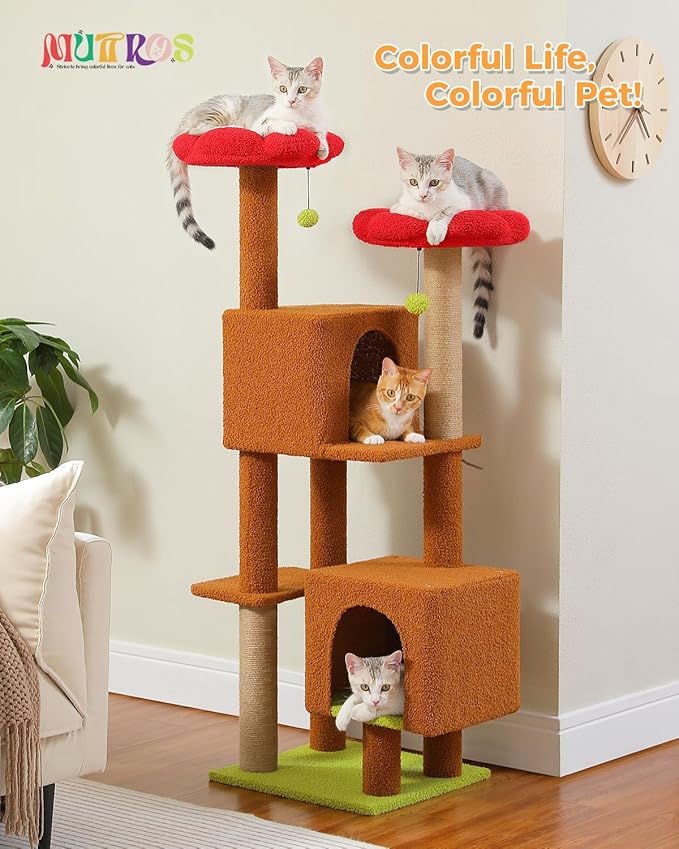Cat Tree for Indoor Cats, 52.4" Tall Cat Tower with 2 Flower Perches, 2 Cozy Condos & 2 Sisal Scratching Posts - Multi-Level Kitty Climbing Furniture, Pet Playhouse for Adult Cats, Brown/Red
