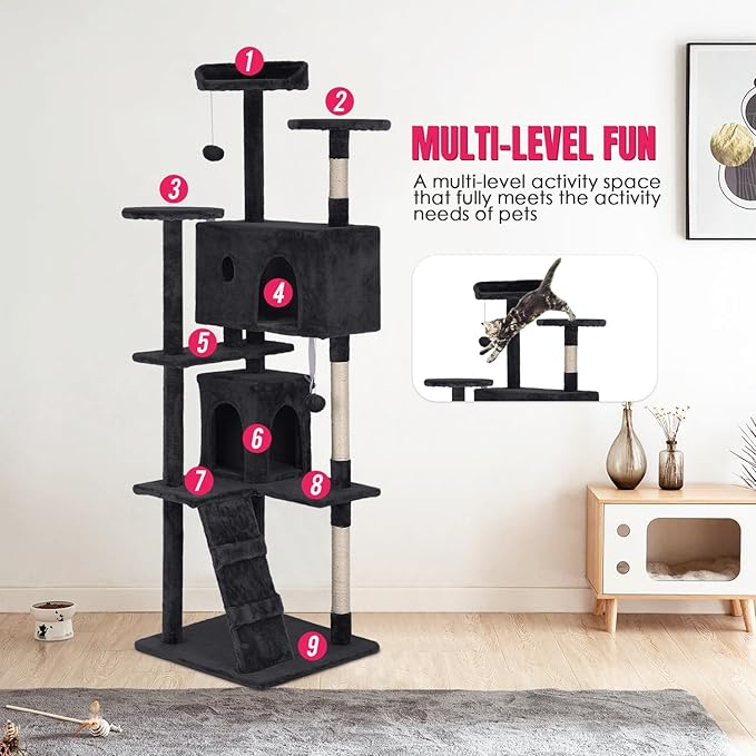 PayLessHere Cat Tree 70in Cat Tower with Cat Scratching Post,Multi-Level Cat Condo Stand House Furniture Kitty Activity Center with Furry Ball Toys Cat Tree for Indoor Cats,Dark Gray