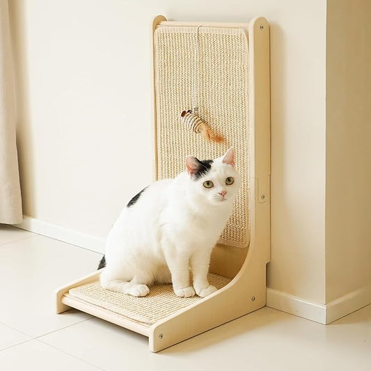 Meeyoview Vertical Sisal Cat Scratcher, 27.5'' L Shape Scratching Post, Upright Scratching Pad for Indoor Cats, Solid Wooden Furniture Protector with Catnip