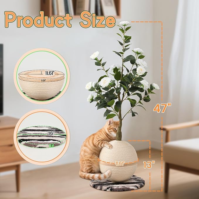 Cat Scratching Post, Artificial Camellia Tree Cat Scratch Ball with Sisal Rope, Cute Flower Scratching Posts for Indoor Cats Adults and Kitten, Modern Cat Scratcher for Home Decor