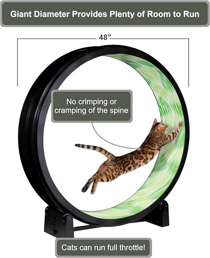 One Fast Cat - Cat Exercise Wheel - Gen. 7 - Safe 48" Diameter - Made in The USA - Black Wheel with Jungle Leaves Foam Traction Pads and Solid Black Inline Wheels
