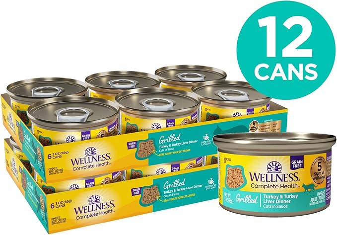 Wellness Complete Health Grilled, Adult Wet Cat Food, Natural, Protein-Rich, Grain-Free, Canned, 3 Ounce, 12 Pack, (Turkey and Turkey Liver Dinner Recipe)