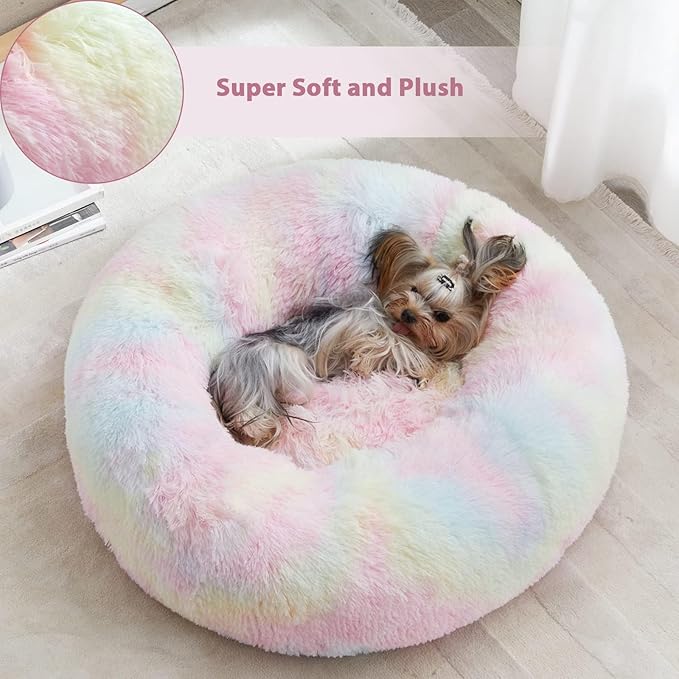 WNPETHOME Donut Dog Beds Large Sized Dog,Anti-Anxiety Caming Large Pet Bed,Fluffy Faux Fur Plush Puppy Bed，Warming Cozy Soft Round Bed for Pet, Cat Cuddler Cushion