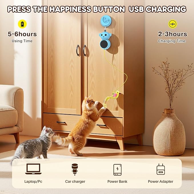 Interactive Cat Toys for Indoor Cats - 2 in 1 Automatic Laser Pointer Cat Toy with Feather Flying Bird，Smart Moving Mouse Wand Toy, Auto On/Off Hanging Toys for Bored Kitten & Adult Cats(Blue)