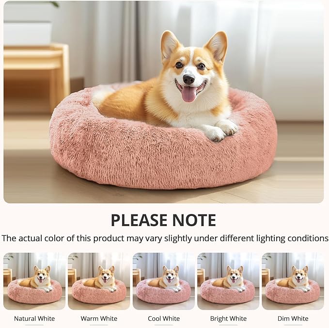 JOLLYVOGUE Calming Dog Bed Medium Size Dog, Anti-Anxiety Donut Medium Pet Bed, 31 inches Fluffy Faux Fur Round Cat Bed, Fits up to 45 lbs Pets (Peach Pink)