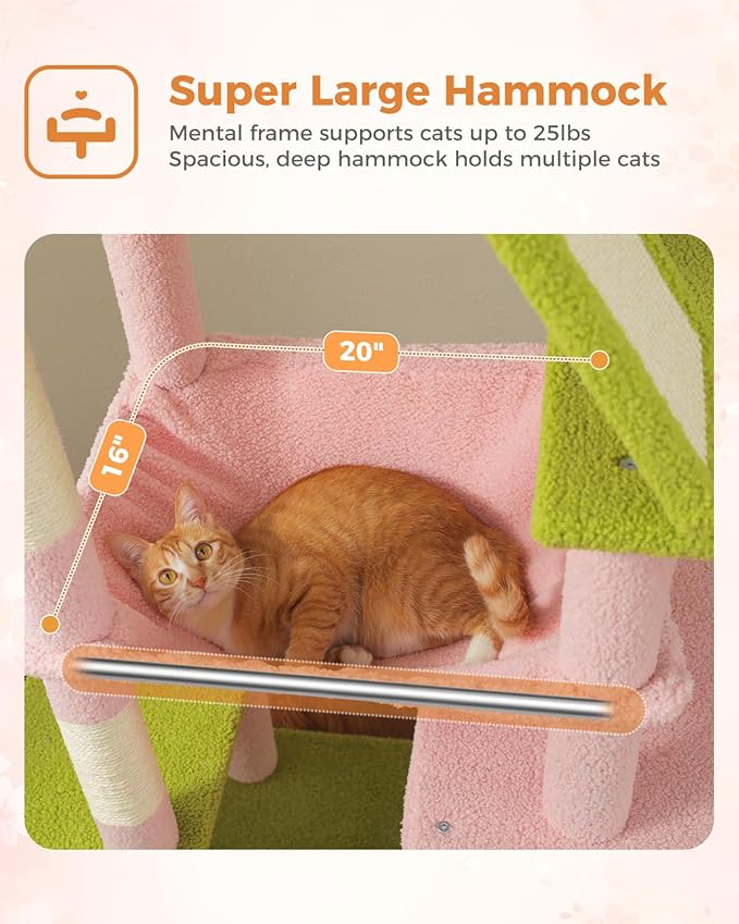 Pink 71" Tall Cat Tree for Large Cat 20 lbs with Super Large Hammock, Heavy Duty Cat Tower with 4 Sisal Scratching Posts & 2 Spacious Condos for Big Adult Cats Maine Coon -Green