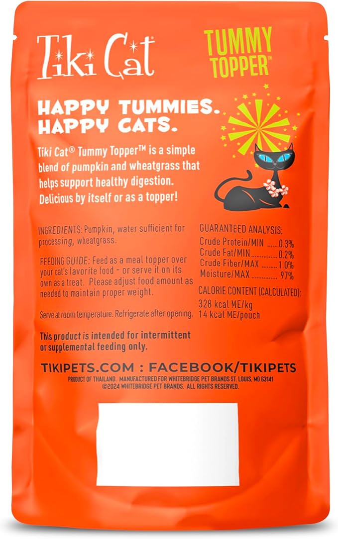 Tiki Cat Tummy Topper, Pumpkin Recipe Puree, Formulated to Support Healthy Digestion, Mousse Cat Food Topper, 1.5 oz. Pouch (12 Count)
